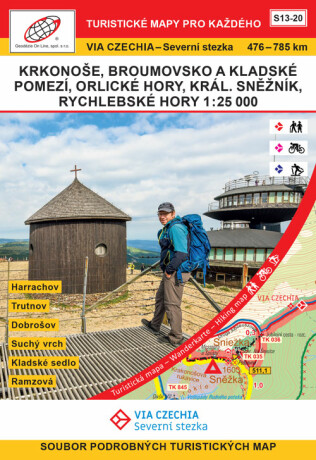 VIA CZECHIA - Severní stezka, BOX 3, S13-20 Krkonoše-Rychlebské hory 1 : 25 000, 476. – 785. km Severní stezky (pěší varianta); Harrachov - Trutnov - Dobrošov - Suchý vrch - Kladské sedlo - Ramzová (poškozené) - neuveden