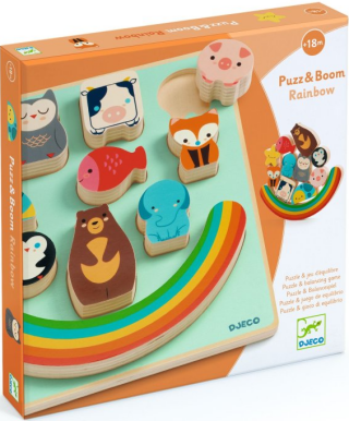 Dřevěné puzzle a balanční hra Zvířátka s duhou - 